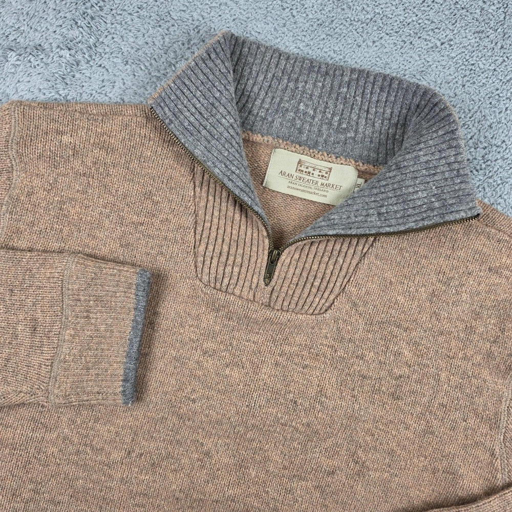 Aran Sweater Market Quarter Zip Mens XL Beige 100% Wool Irish Knit Pullover Trim